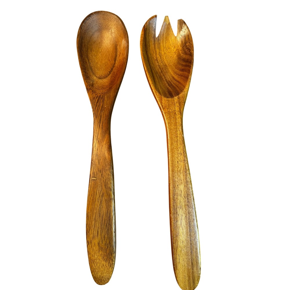 Vintage Handcrafted Wooden Salad Servers Set Large Serving Spoon and Fork 12in